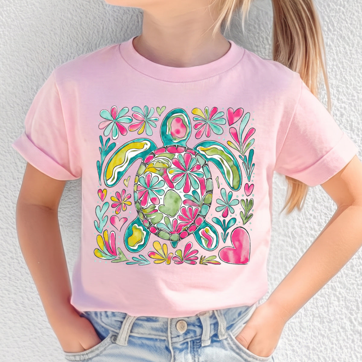 Personalized Kids Sea Turtle Graphic Tee Floral Ocean Theme T-shirt