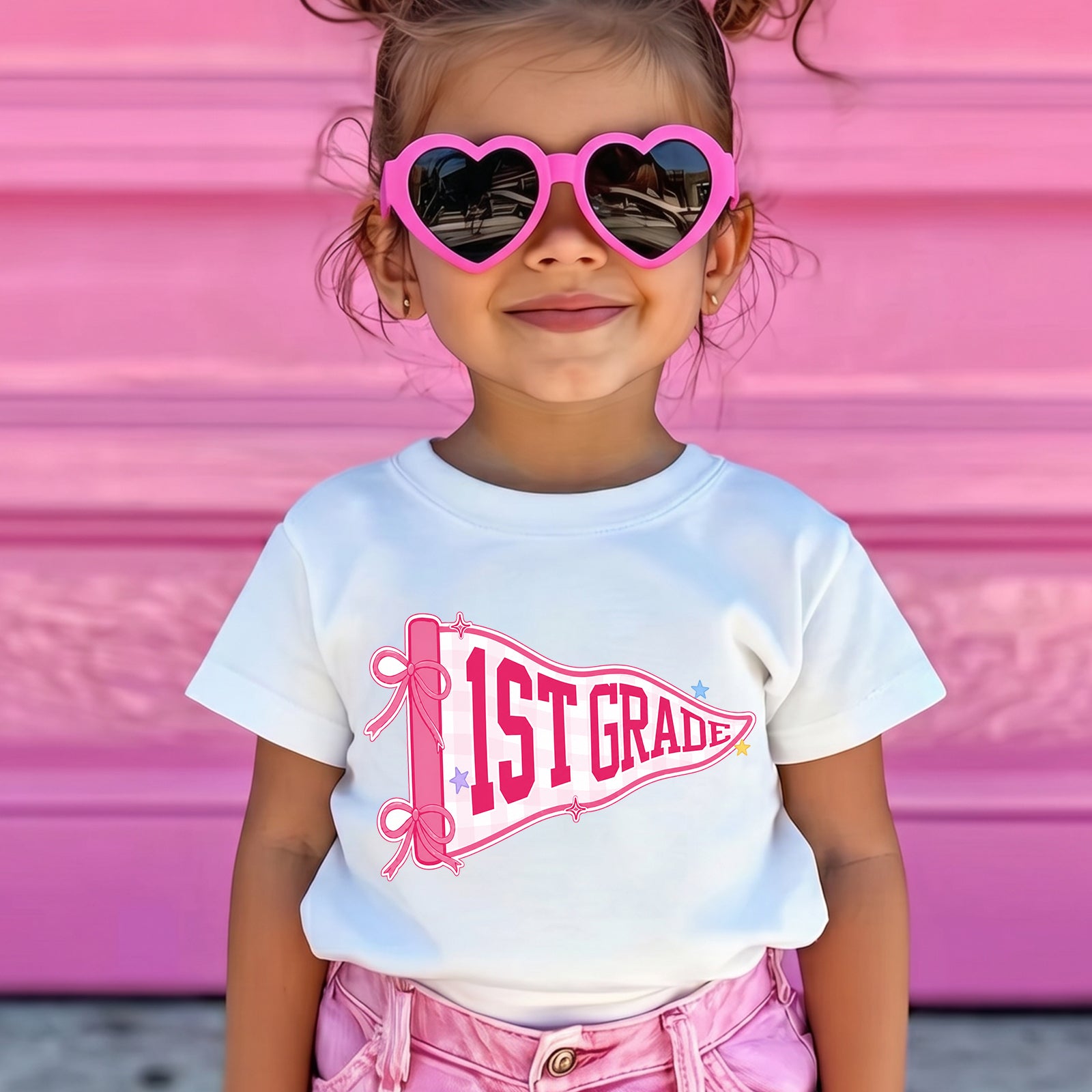 Personalized 1st Grade Pink Pennant T-Shirt
