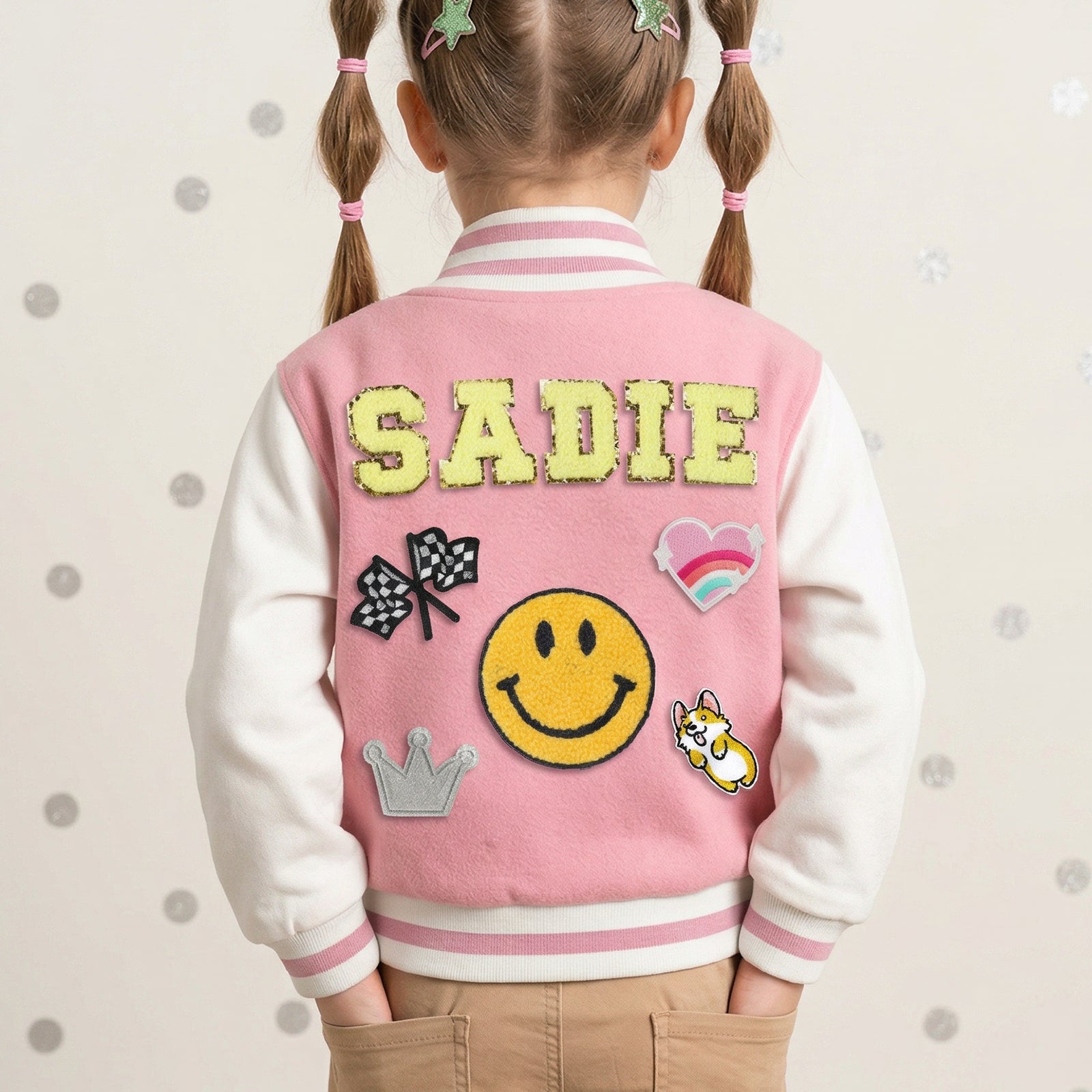 Personalized Kids Varsity Jacket with Name and Cute Patches - Sokidsun