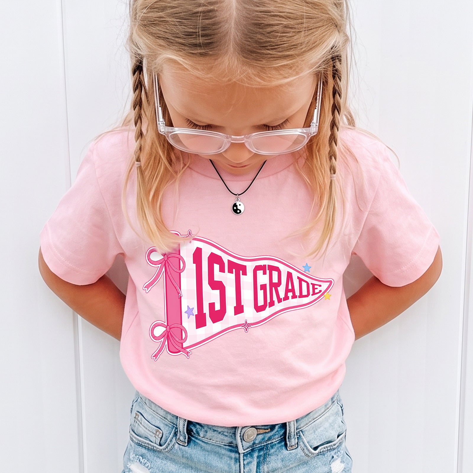 Personalized 1st Grade Pink Pennant T-Shirt