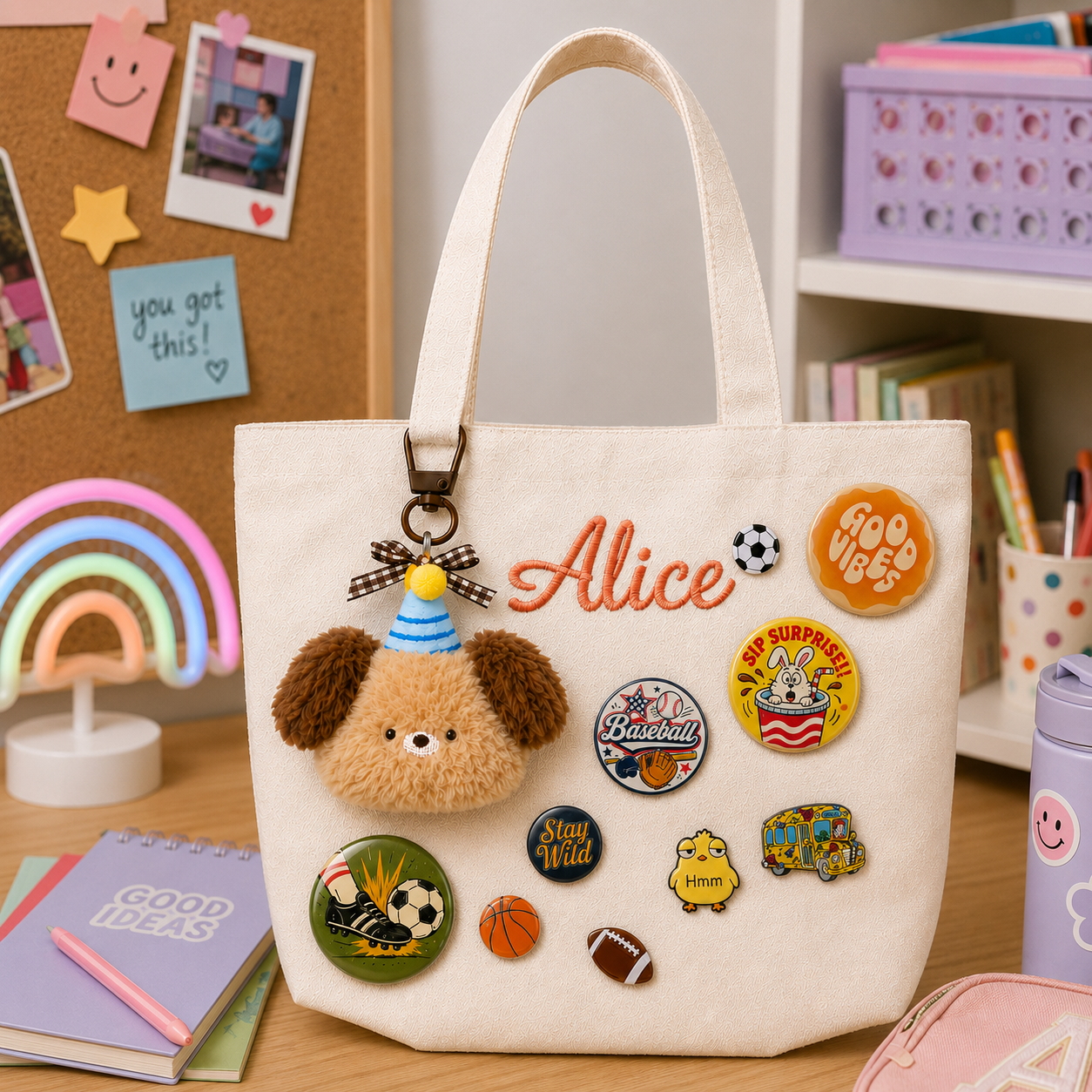 Personalized Embroidered Name Canvas Tote Bag with Decorative Badges