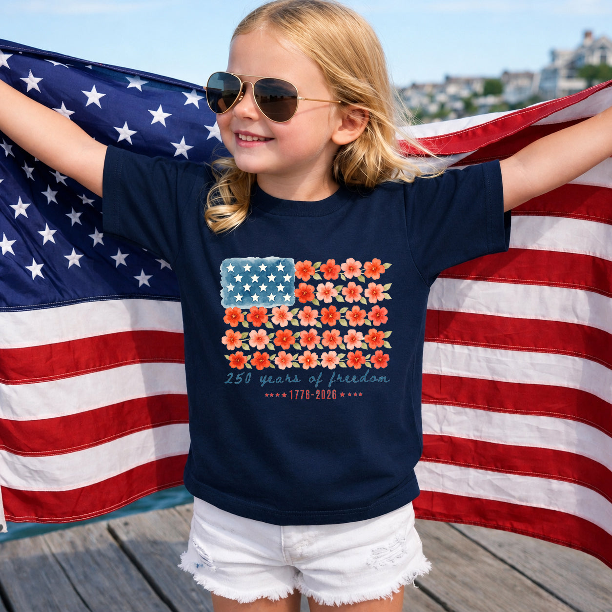 Kids Floral American Flag T-Shirt