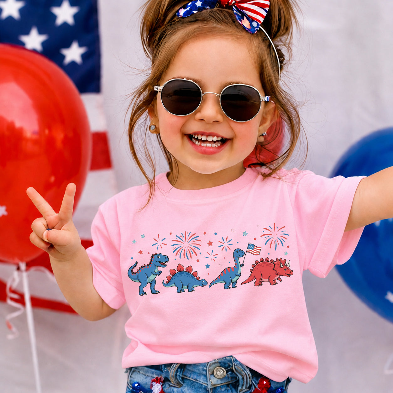 USA Flag Fireworks Patriotic Dino Kids T-Shirt