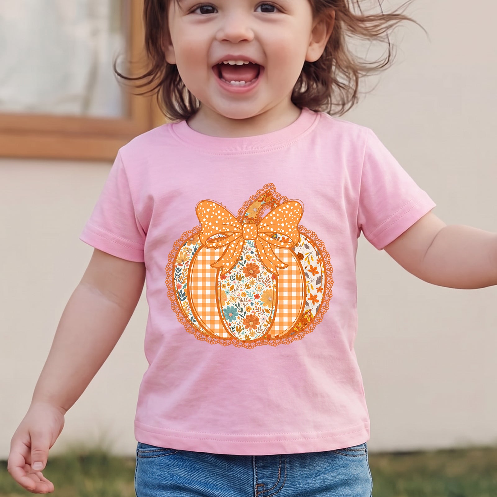 Personalized Kids Pumpkin Bow Halloween Graphic T-Shirt