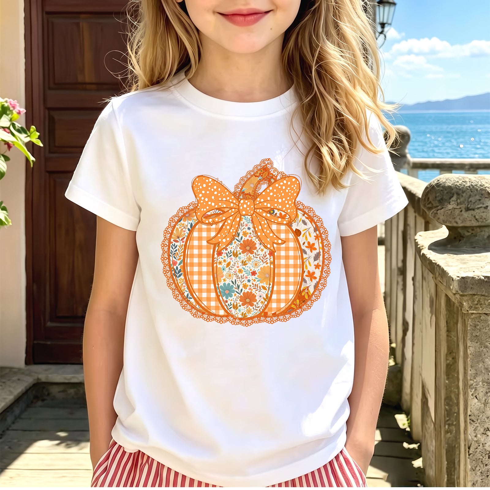 Personalized Kids Pumpkin Bow Halloween Graphic T-Shirt