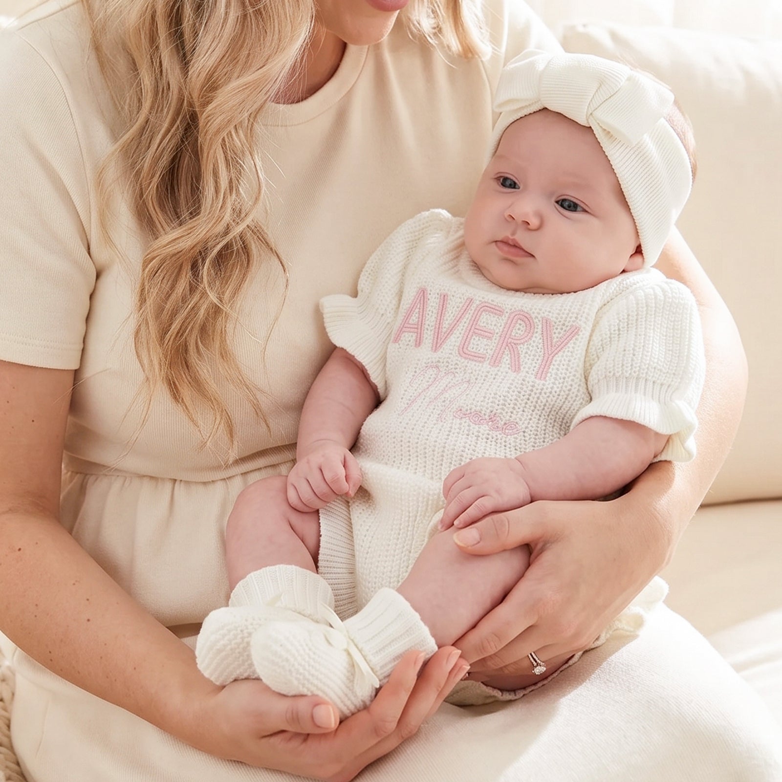Personalized Baby Girl Embroidered Knit Romper Set