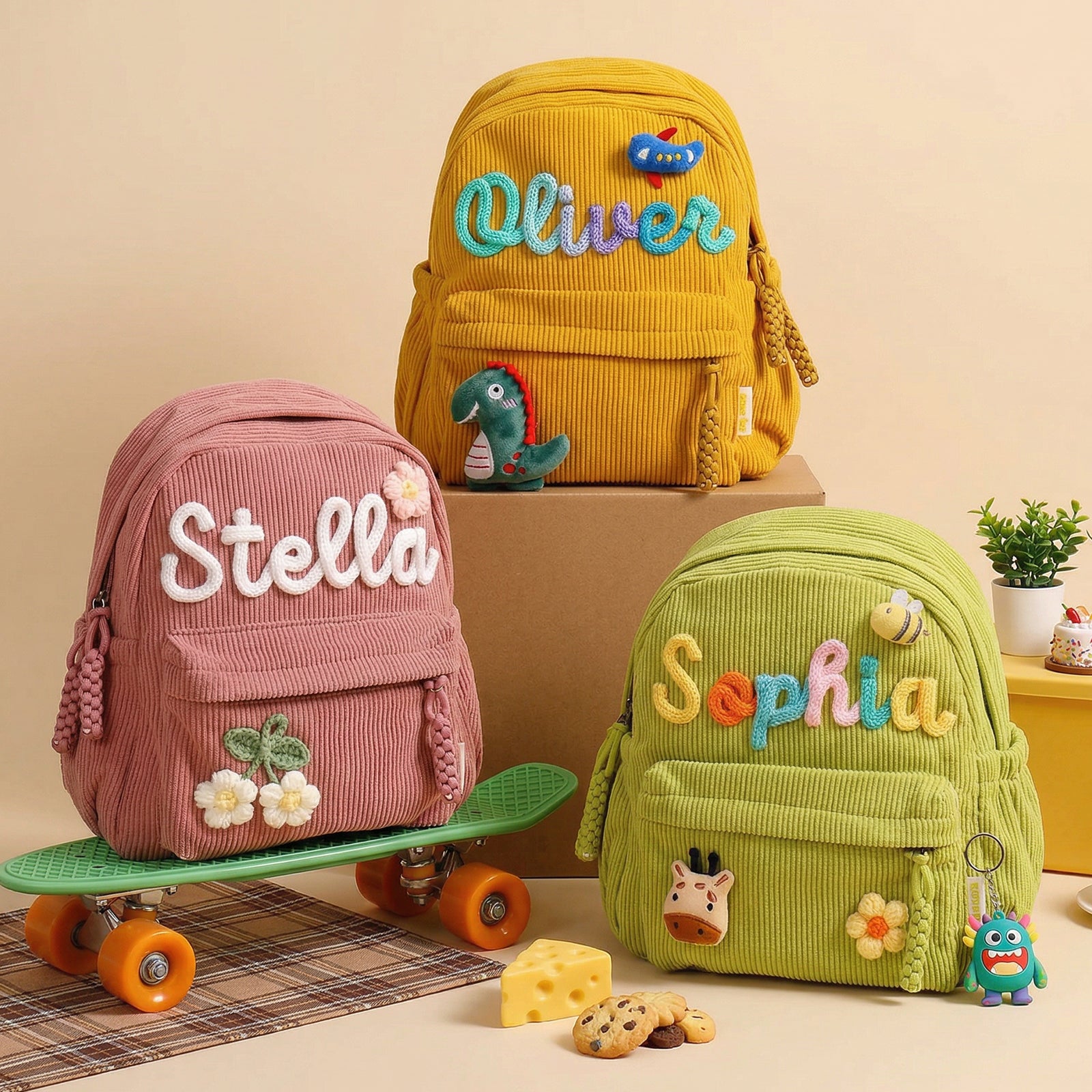 Personalized Kids Corduroy Backpack With Crochet Patches