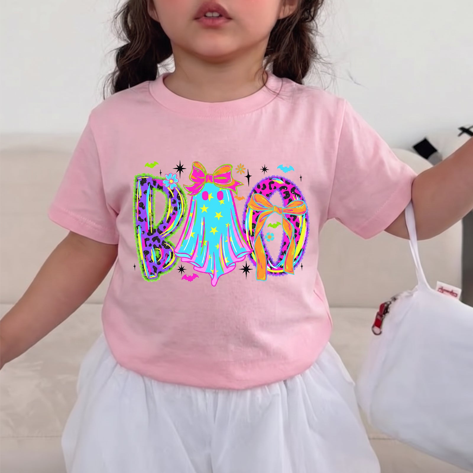 Personalized Kids Neon Retro Boo Halloween Graphic T-shirt