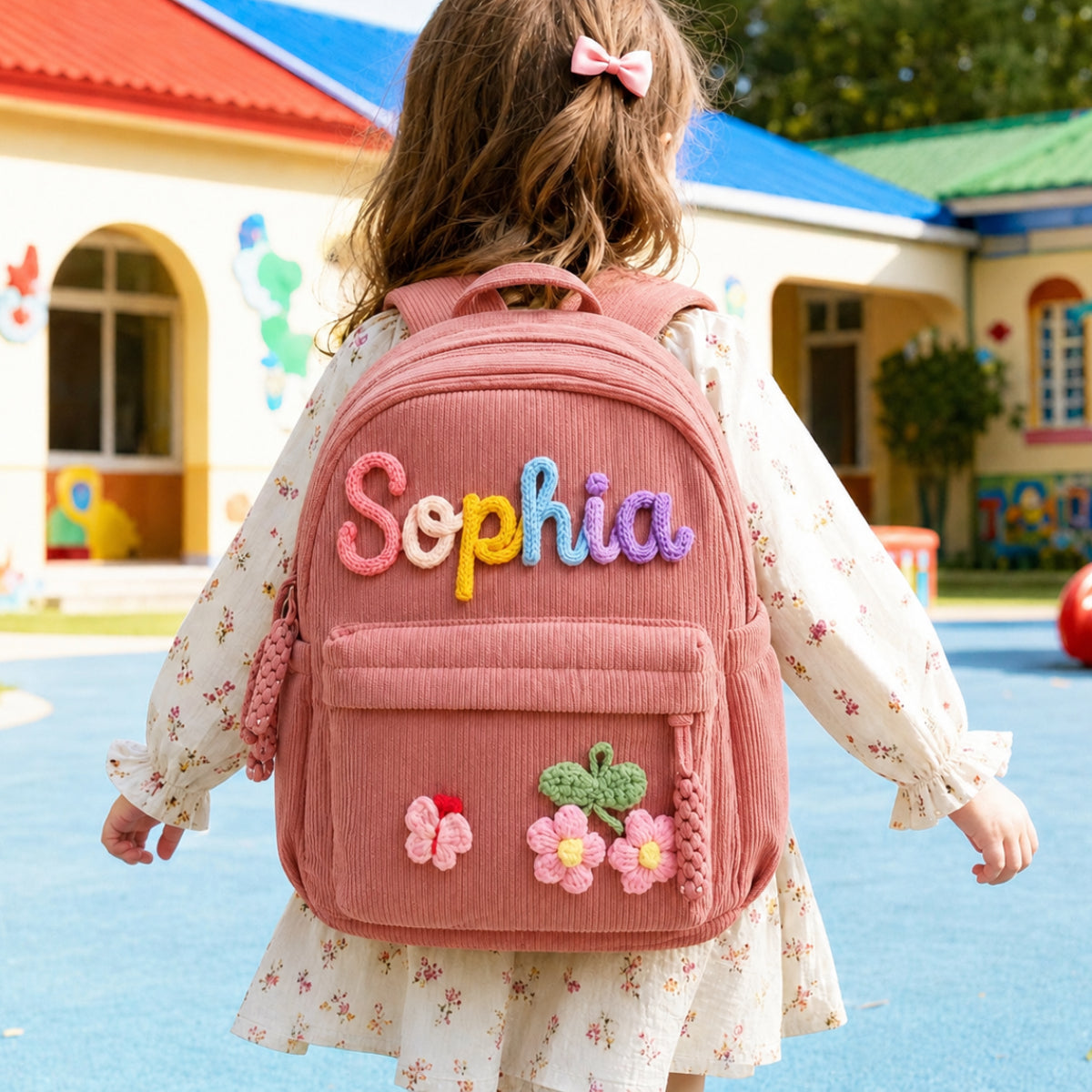 Personalized Kids Corduroy Backpack With Crochet Patches