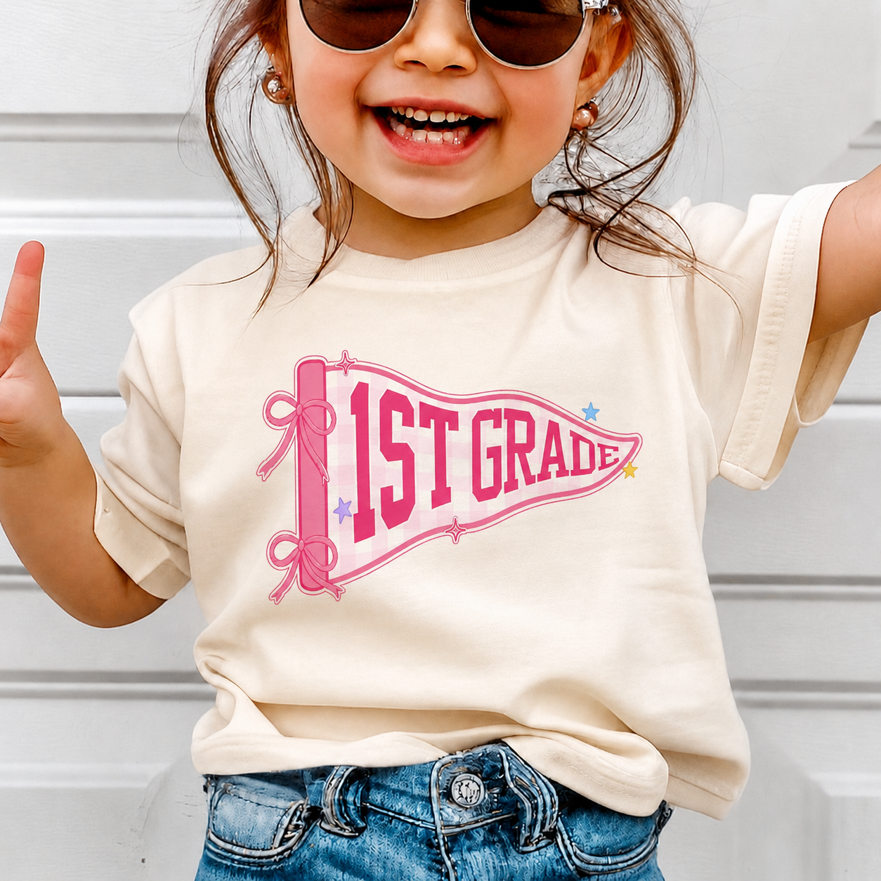 Personalized 1st Grade Pink Pennant T-Shirt
