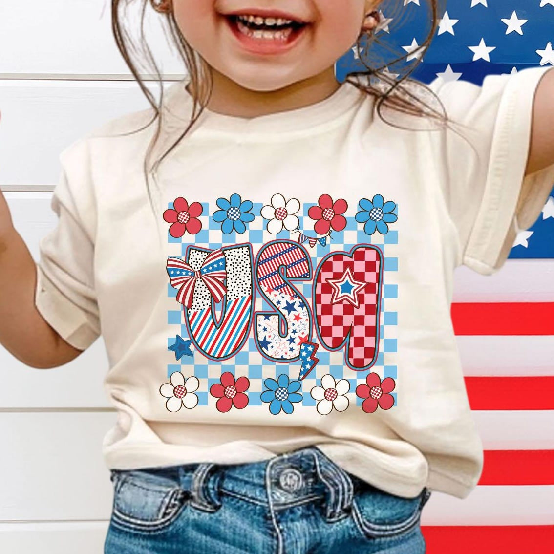 4th of July Floral USA Flag T-Shirt for Kids