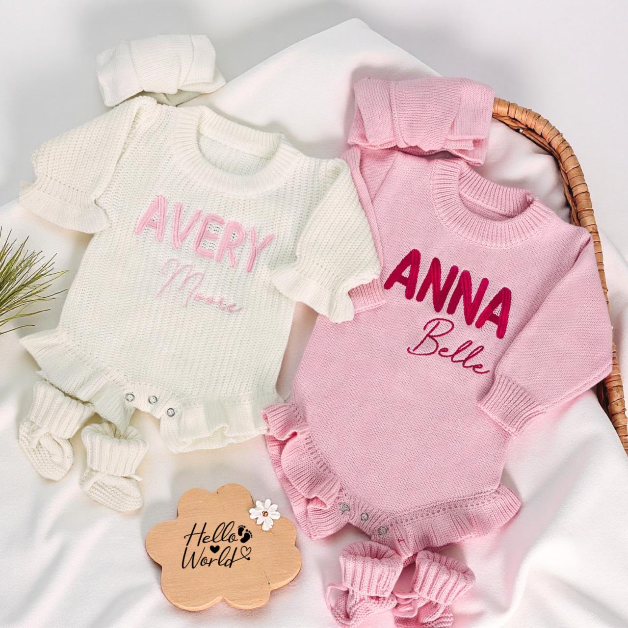 Personalized Baby Girl Embroidered Knit Romper Set - Sokidsun