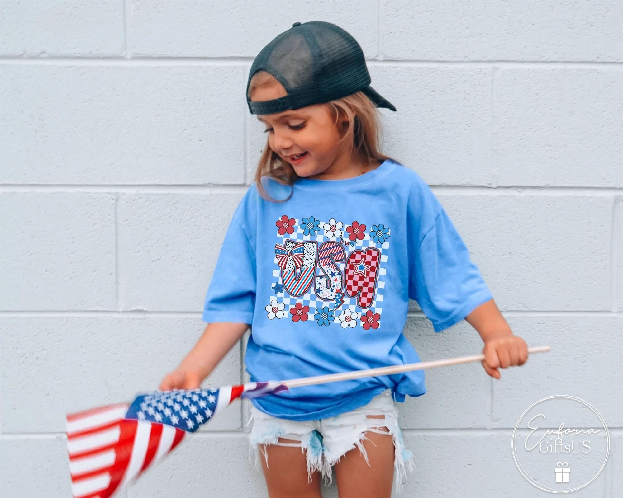 4th of July Floral USA Flag T-Shirt for Kids