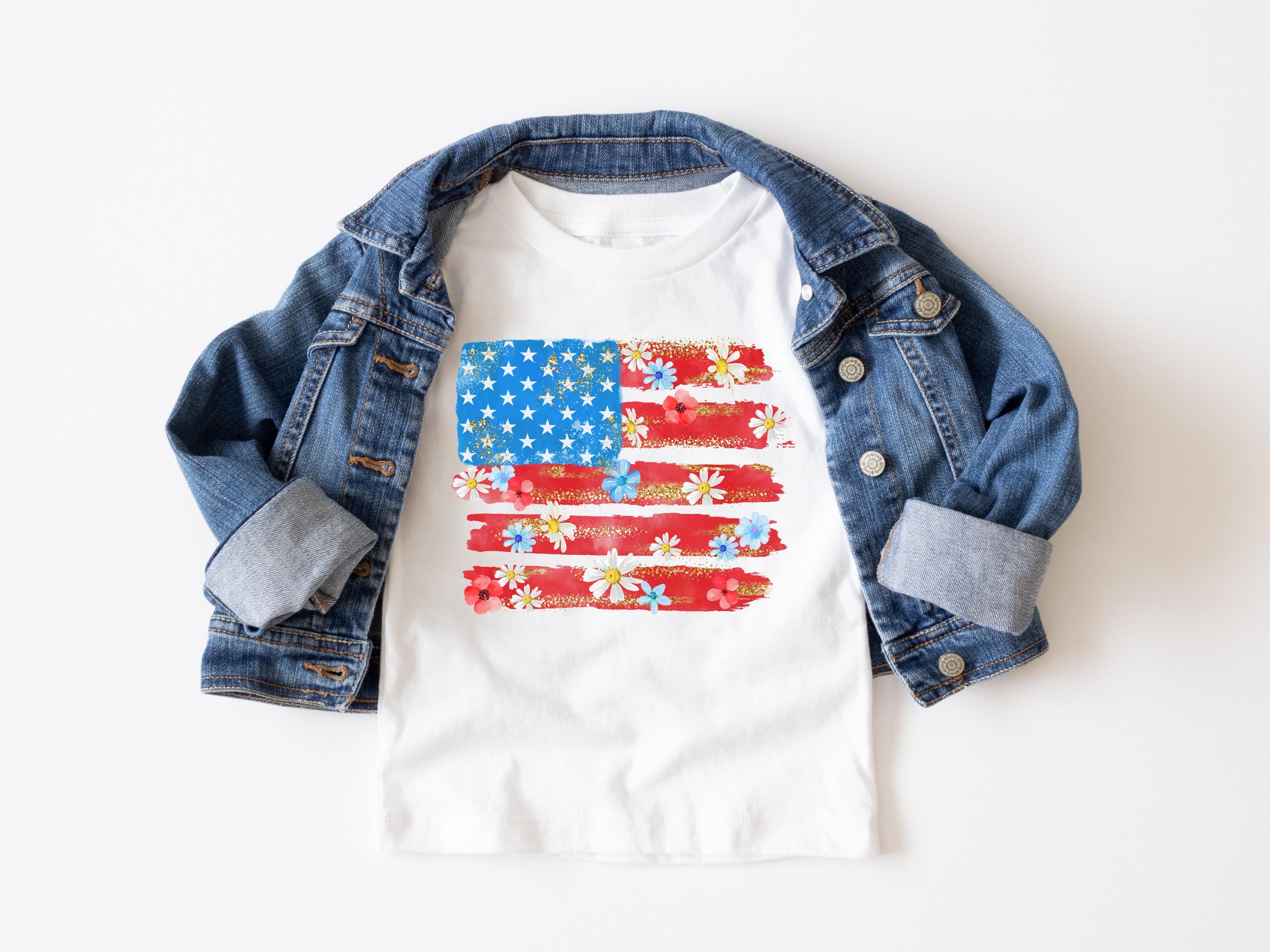 Cute Floral American Flag 4th of July Patriotic Kids T-Shirt