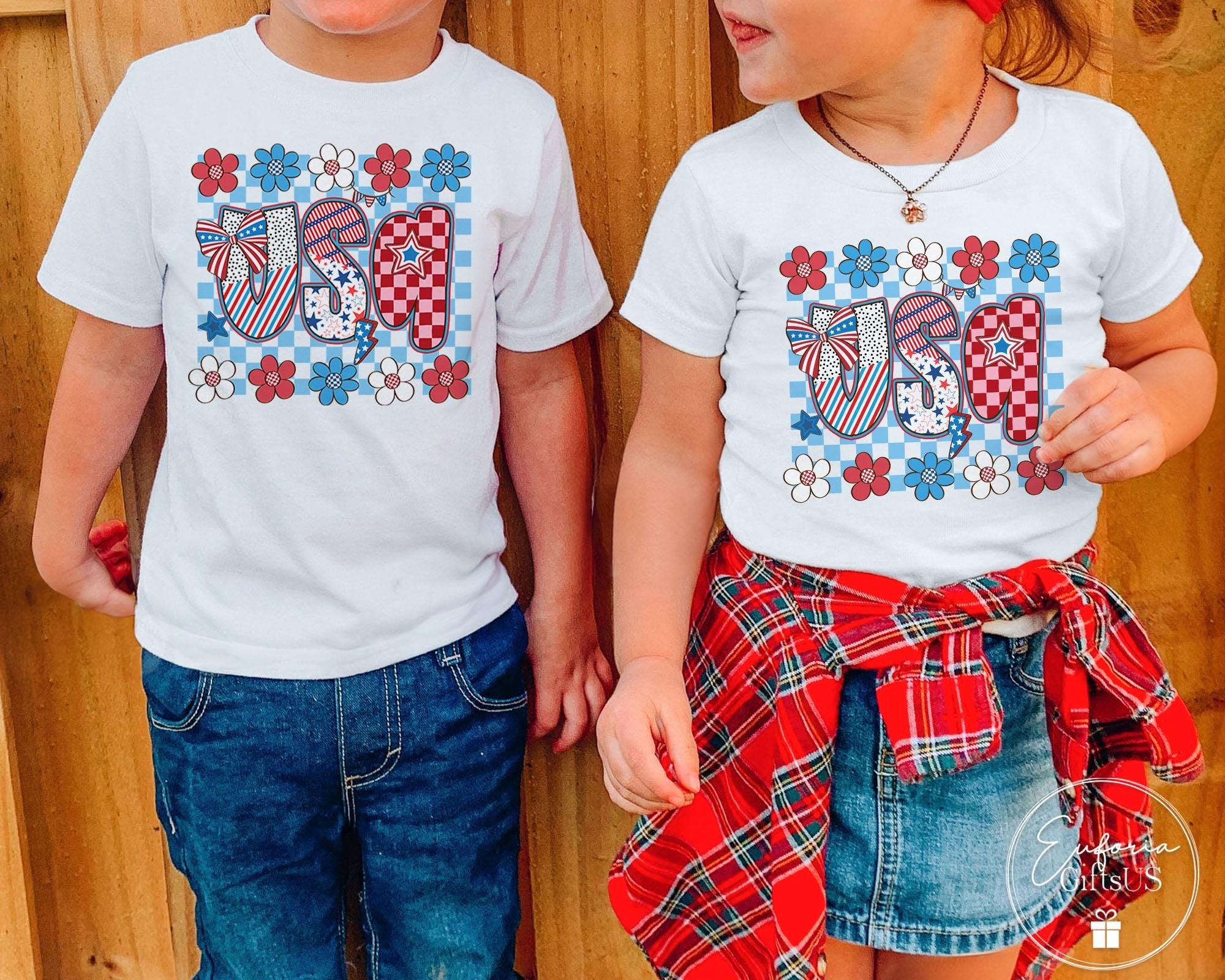 4th of July Floral USA Flag T-Shirt for Kids