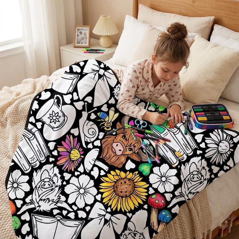 Kids DIY Coloring Blanket – Washable Doodle Blanket, Creative Art Activity Gift for Boys & Girls