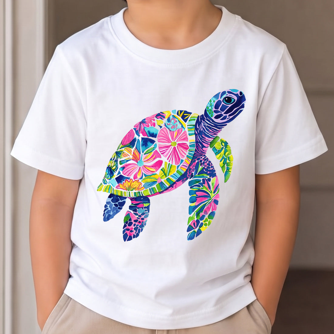 Personalized Kids Sea Turtle Floral Graphic Tee Ocean Theme T-shirt