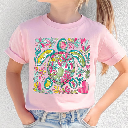 Personalized Kids Sea Turtle Graphic Tee Floral Ocean Theme T-shirt