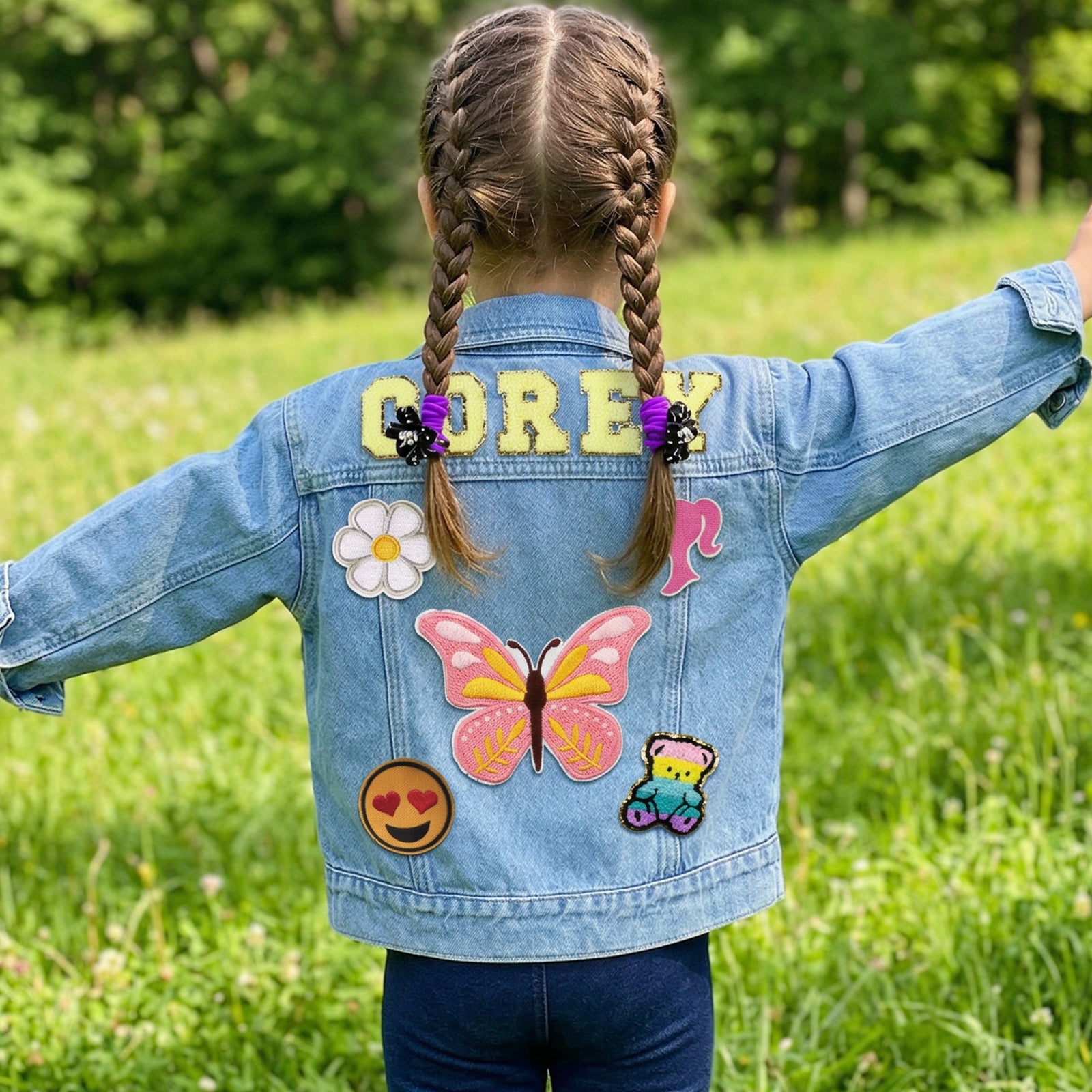 Personalized Kids Denim Jacket with Custom Name and Fun Patches - Sokidsun