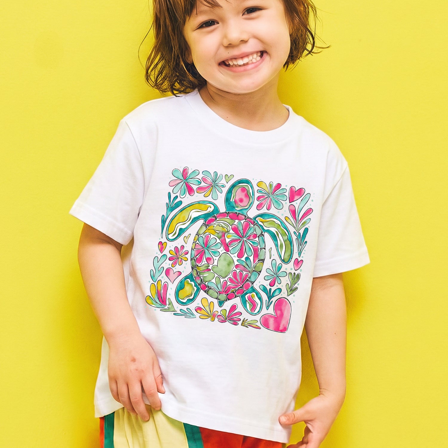 Personalized Kids Sea Turtle Graphic Tee Floral Ocean Theme T-shirt