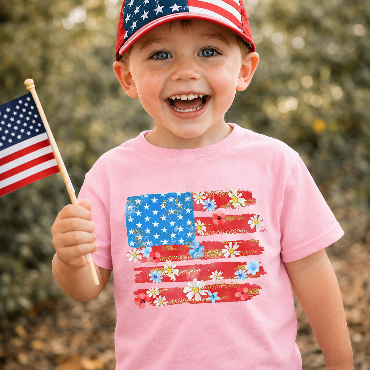 Cute Floral American Flag 4th of July Patriotic Kids T-Shirt