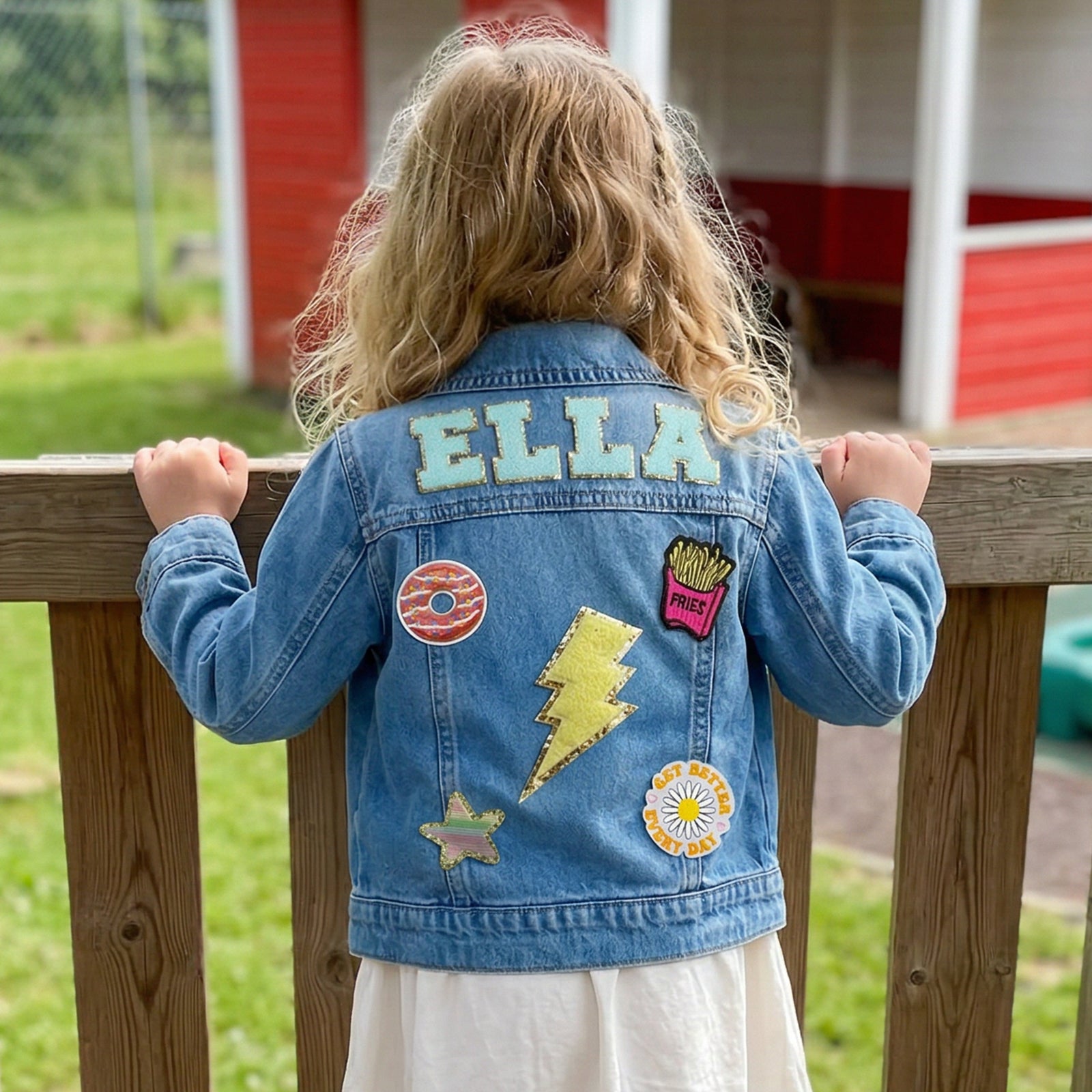 Personalized Kids Denim Jacket with Custom Name and Fun Patches - Sokidsun