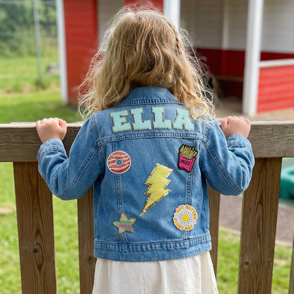 Personalized Kids Denim Jacket with Custom Name and Fun Patches - Sokidsun