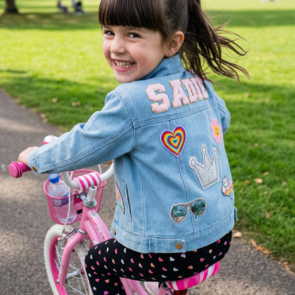 Personalized Kids Denim Jacket with Custom Name and Fun Patches - Sokidsun