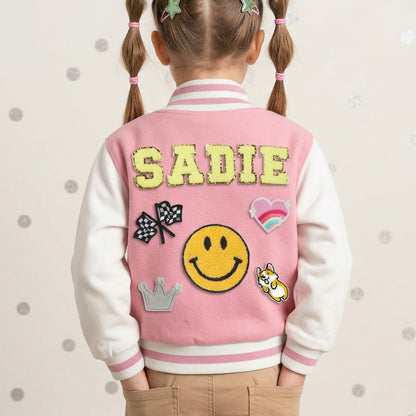 Personalized Kids Varsity Jacket with Name and Cute Patches - Sokidsun
