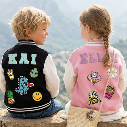 Personalized Kids Varsity Jacket with Name and Cute Patches - Sokidsun