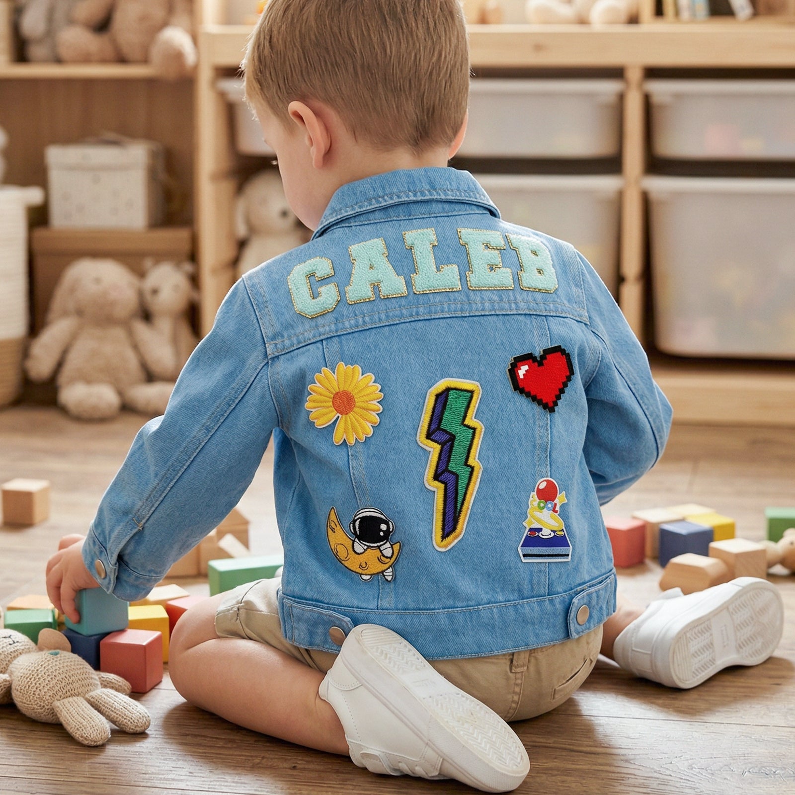 Personalized Kids Denim Jacket with Custom Name and Fun Patches - Sokidsun