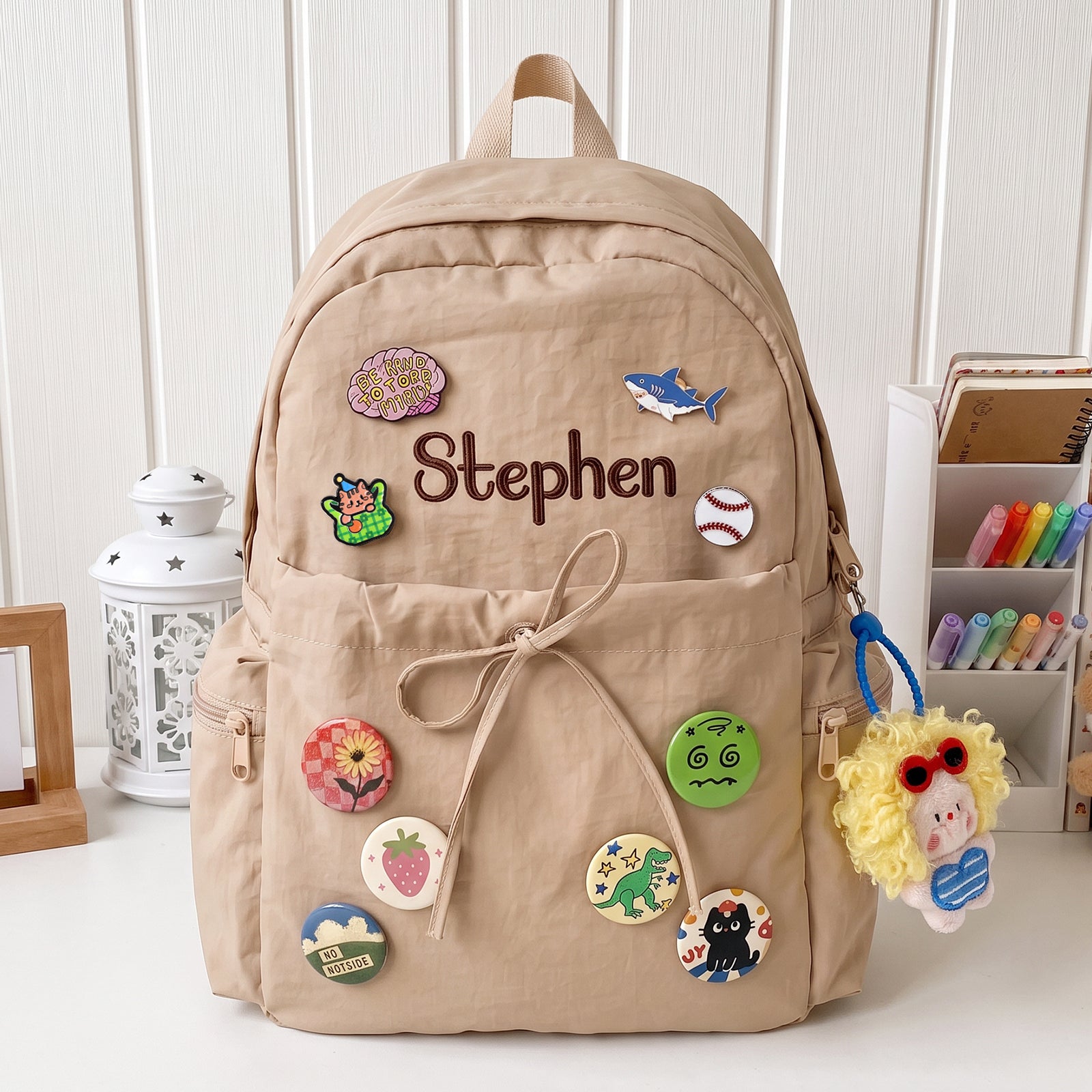 Personalized Kids Backpack with Embroidered Name and Badge Pins