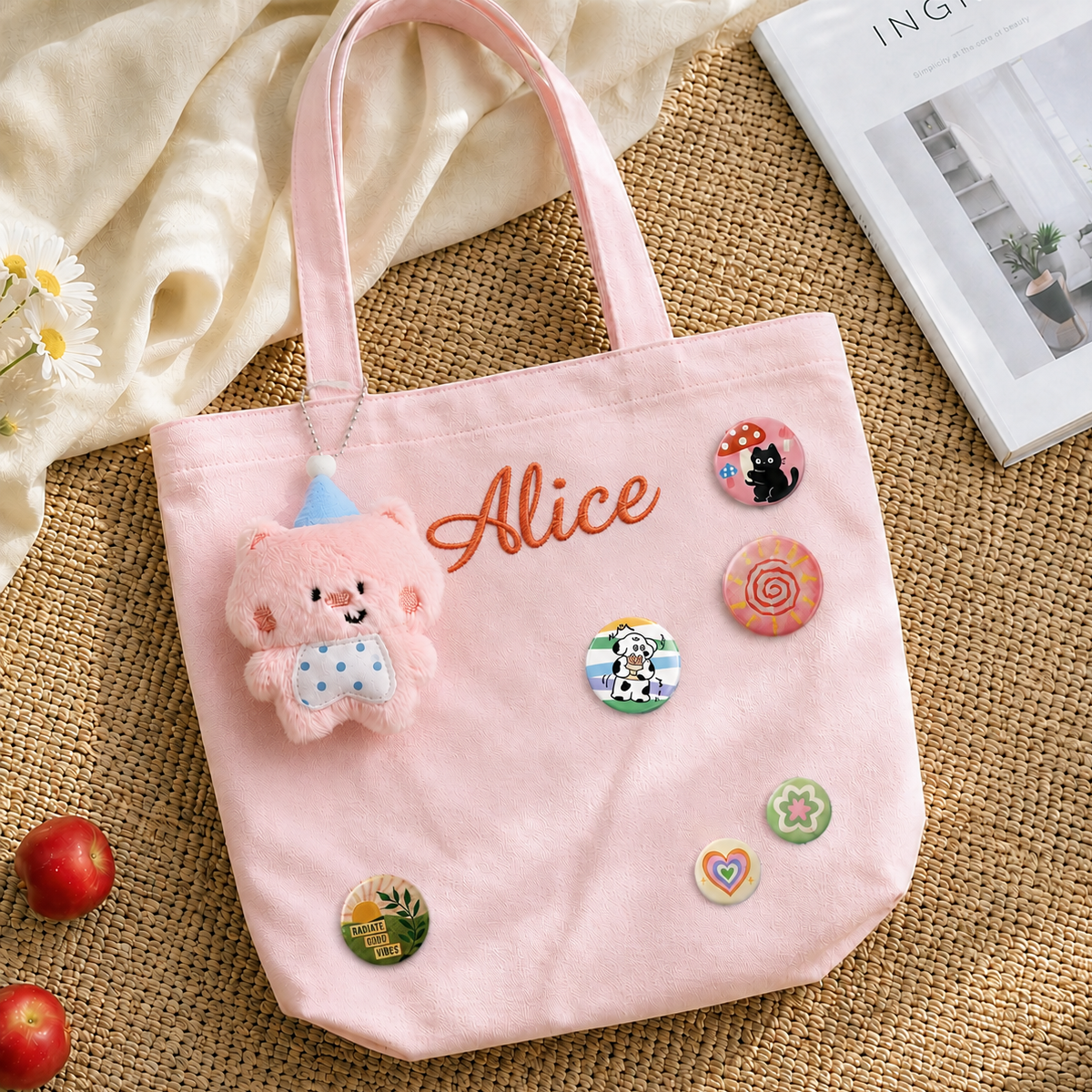 Personalized Embroidered Name Canvas Tote Bag with Decorative Badges