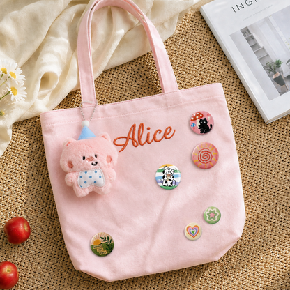 Personalized Embroidered Name Canvas Tote Bag with Decorative Badges