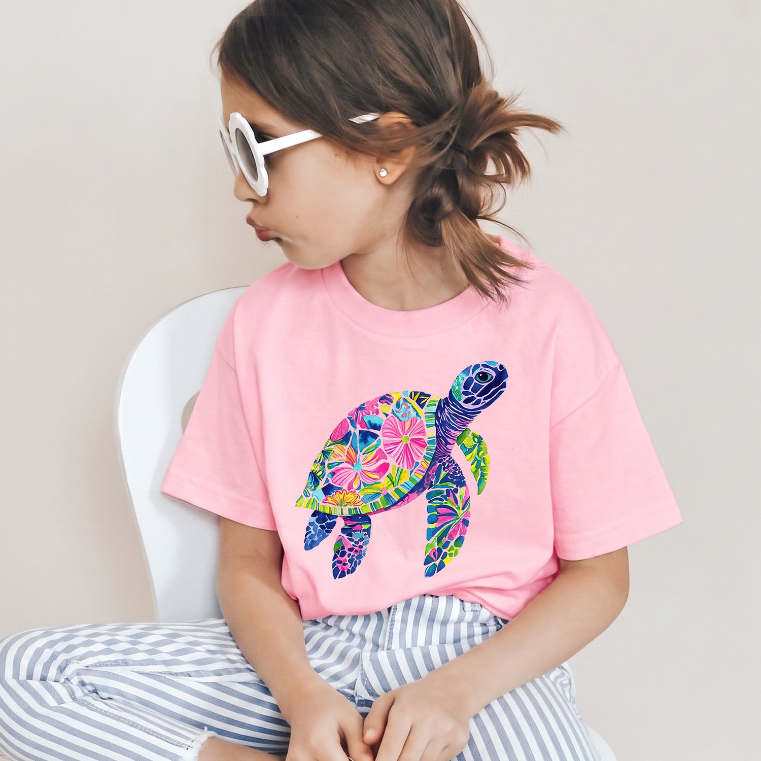 Personalized Kids Sea Turtle Floral Graphic Tee Ocean Theme T-shirt