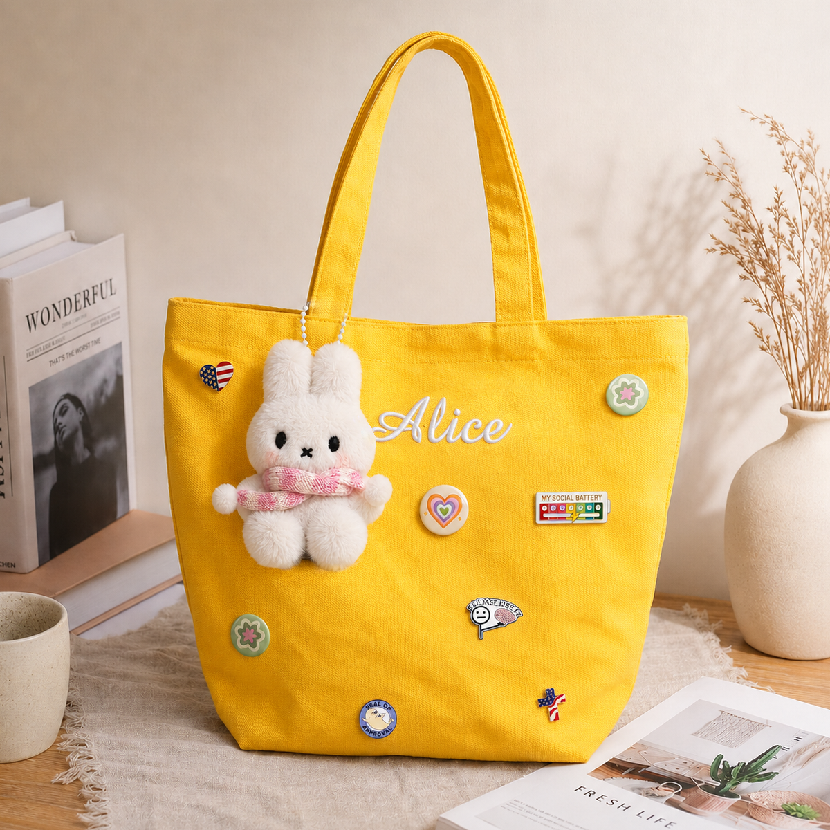 Personalized Embroidered Name Canvas Tote Bag with Decorative Badges