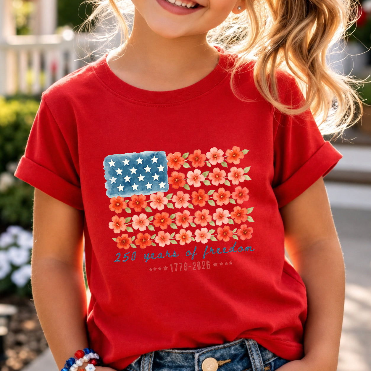 Kids Floral American Flag T-Shirt