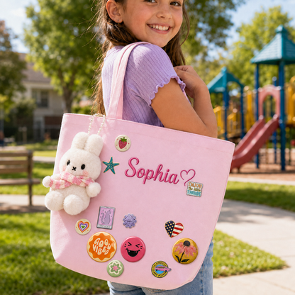 Personalized Embroidered Name Canvas Tote Bag with Decorative Badges
