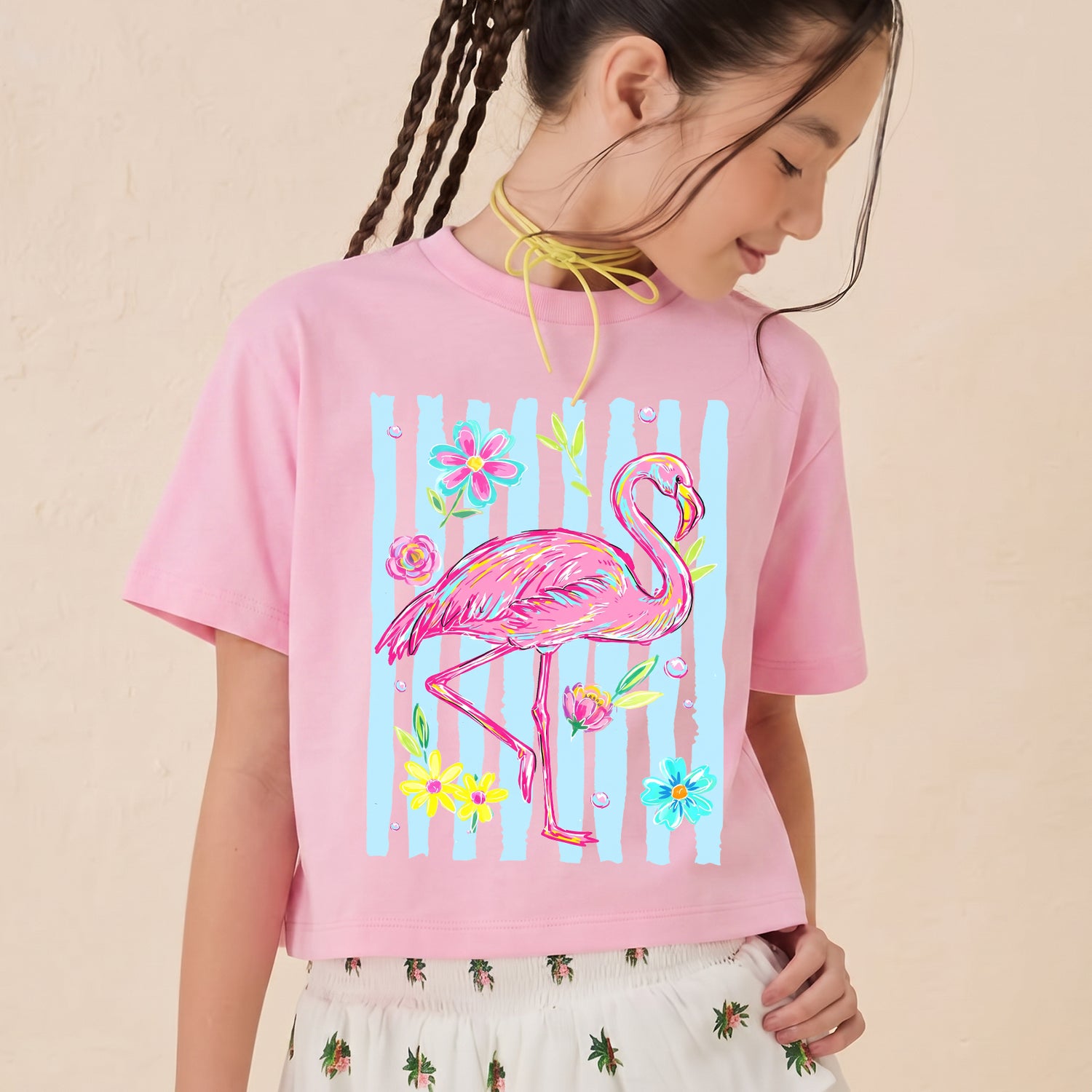 Personalized Kids Flamingo Floral Graphic Tee Tropical Summer T-shirt