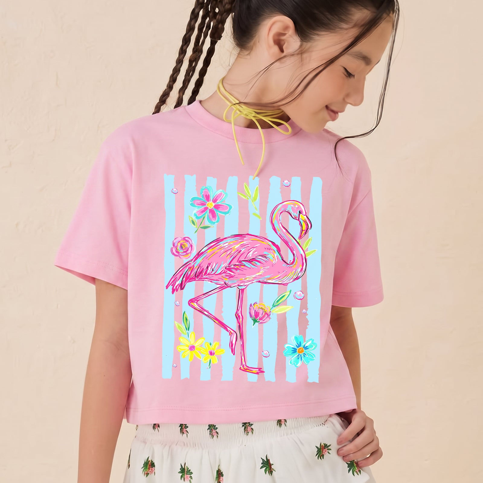 Personalized Kids Flamingo Floral Graphic Tee Tropical Summer T-shirt