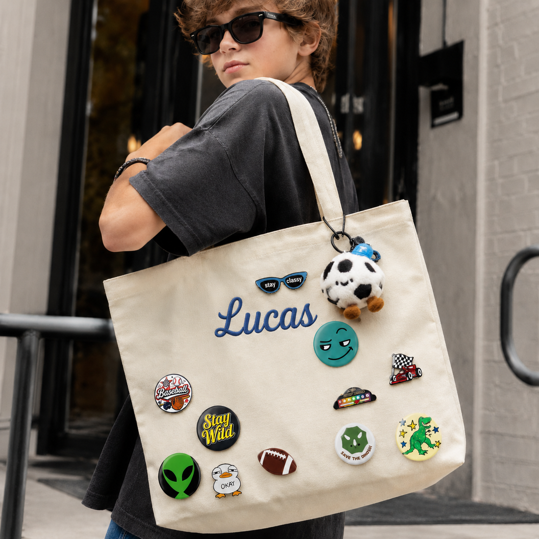 Personalized Embroidered Name Canvas Tote Bag with Decorative Badges