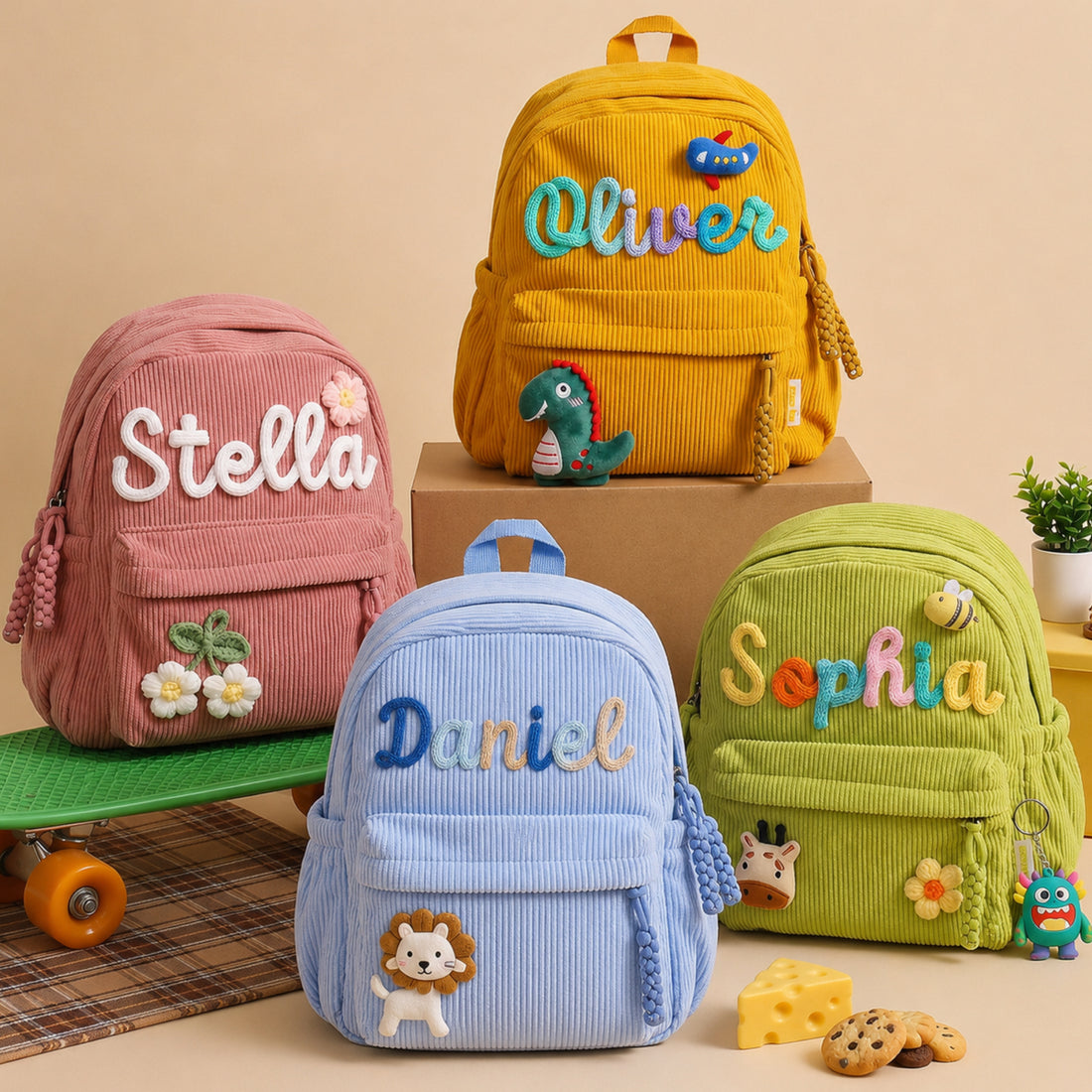 Personalized Kids Corduroy Backpack With Crochet Patches