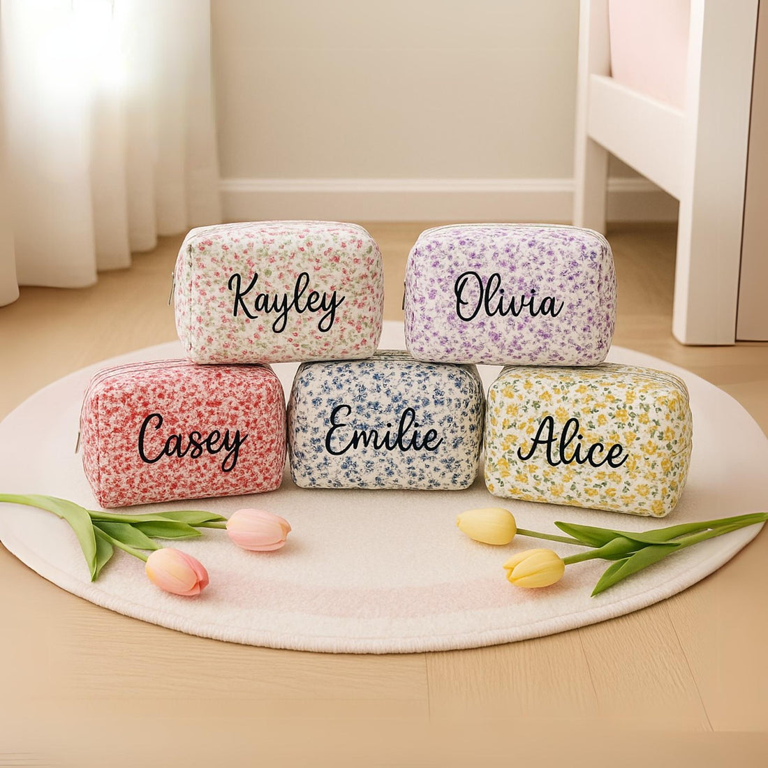 Personalized Kids Floral Quilted Storage Pouch