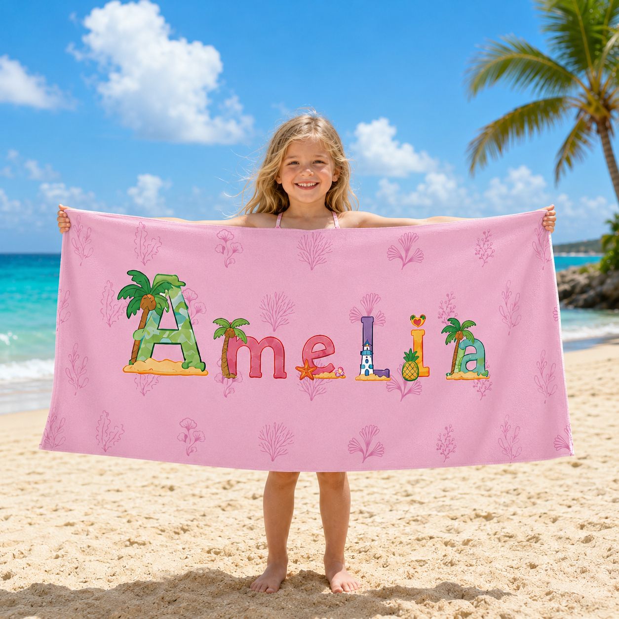 Personalized Kids’ Tropical Island Name Beach Towel
