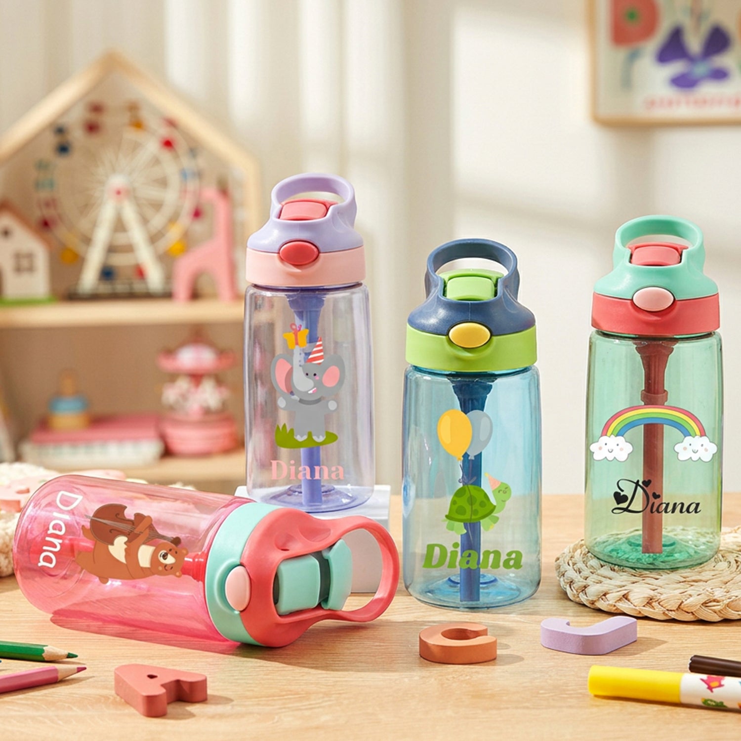 Personalized Kids Rainbow Straw Water Bottle