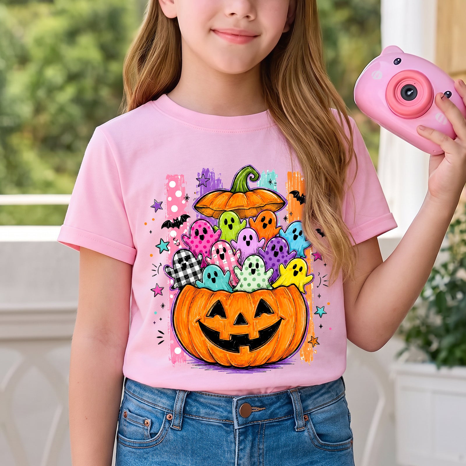 Personalized Kids Pumpkin Ghost Halloween Graphic T-Shirt