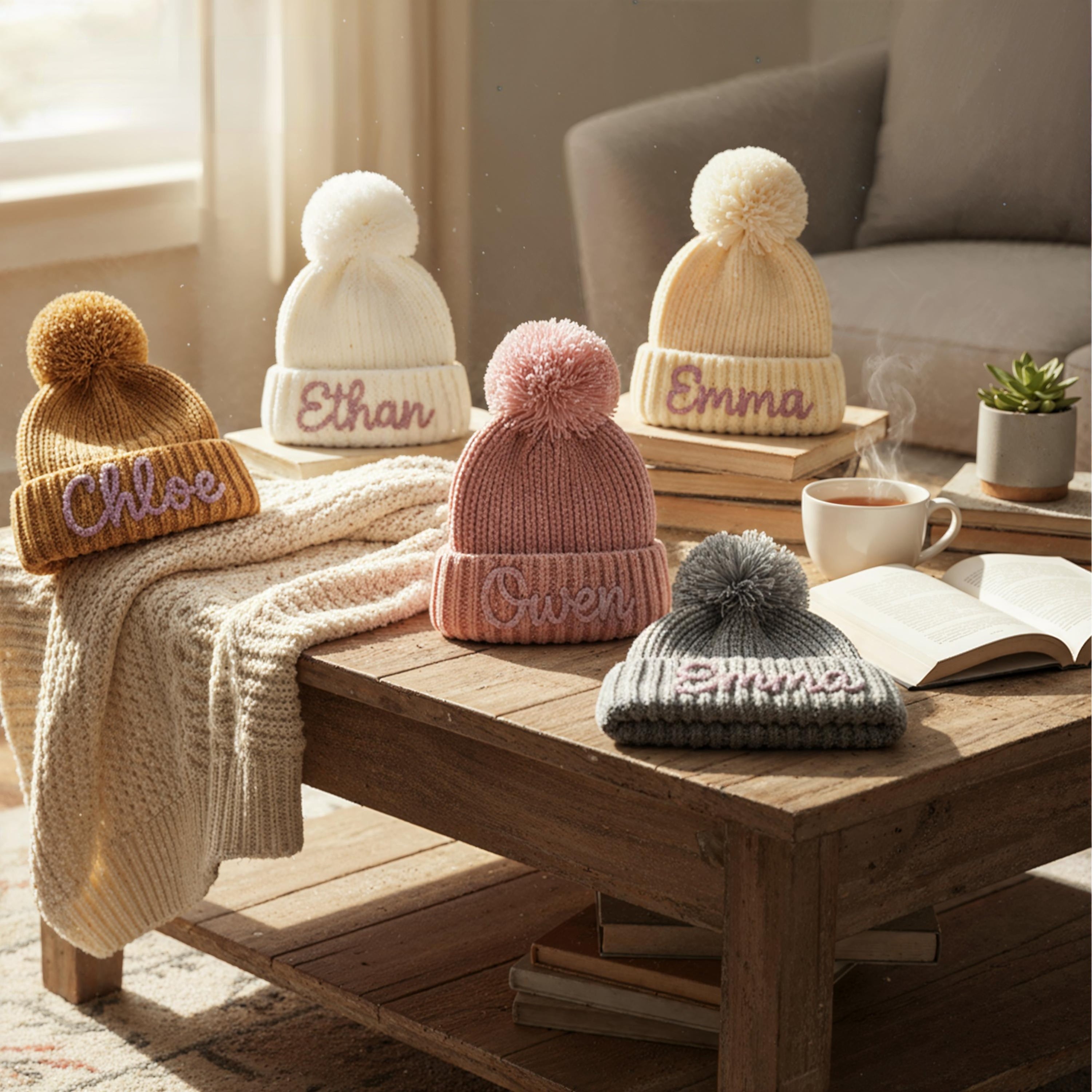 Personalized Hand-Embroidered Kids Pom Pom Knit Beanie