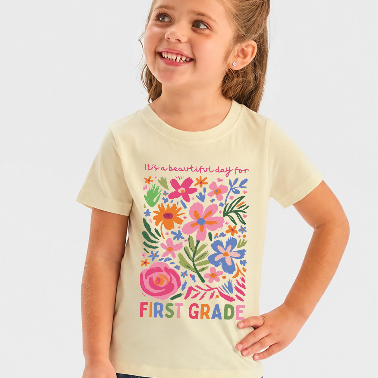 Beautiful Day for First Grade Floral Kids T-Shirt
