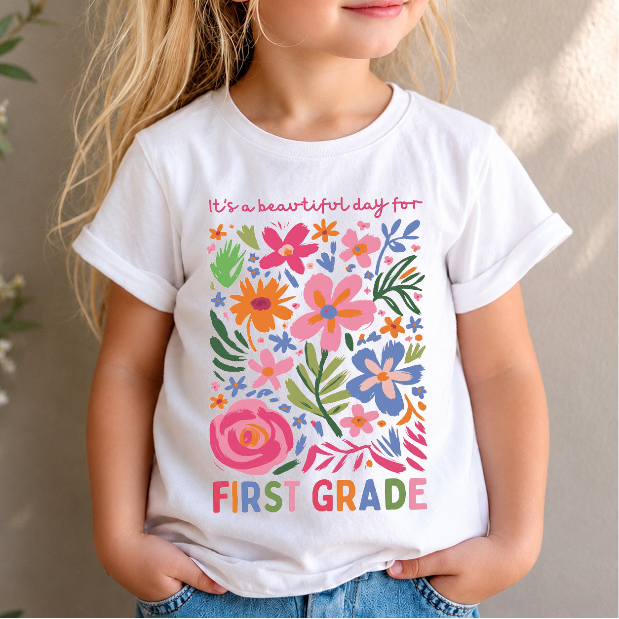 Beautiful Day for First Grade Floral Kids T-Shirt
