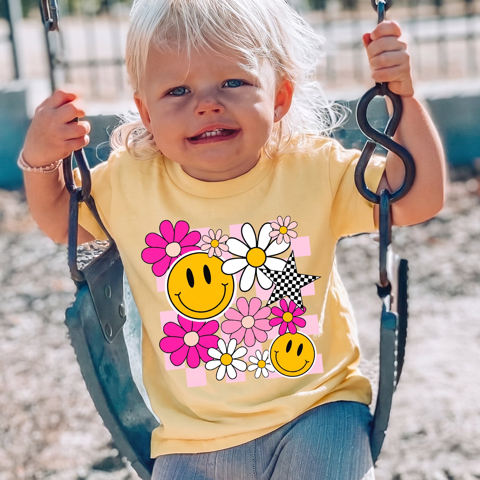 Personalized Kids Cute Daisy Smiley Face Flower Graphic T-shirt